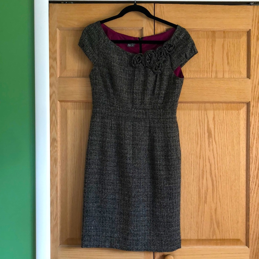 Sophisticated Lined Charcoal Dress with Rose Details
